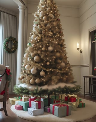 A Christmas tree decorated with ornaments, lights, and tinsel, standing proudly in a living room filled with festive cheer.