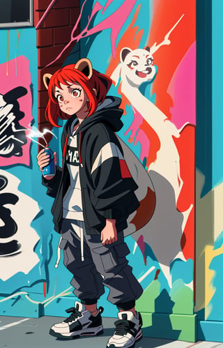 A red panda, exuding a cool, confident vibe, stands tall and proud against a backdrop of vibrant spray paint splatters, reminiscent of the 90s and early 2000s hip-hop and skateboard culture. Dressed in a stylish black hoodie bearing the company's logo, the red panda's streetwear style is on point. To complete the look, the red panda casually holds a spray can, adding a touch of artistic flair to its already trendy ensemble.