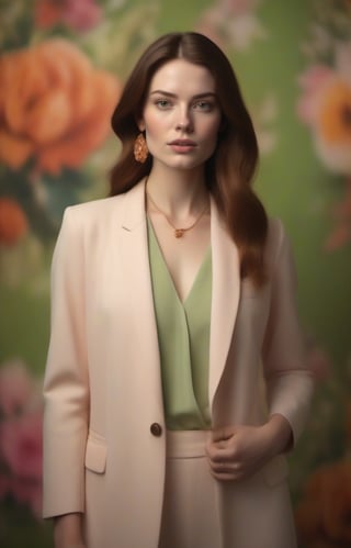 realistic, complex and extremely specific photo of a white woman (pale: 1.5) in her 30s, wearing a couture blazer and a maxi earring, extremely beautiful with brown hair (caramel highlights), long hair, (straight: 1.5) fluttering and impressive,
In one with floral wallpaper, full of vivid colors (green, pink, orange, caramel) studio photography, (indoor environment) contrasting colors, 32k resolution, best quality, volumetric lighting, intricate details, focus on the face, very high saturation , centralized.,aw0k euphoric style,cinematic  moviemaker style