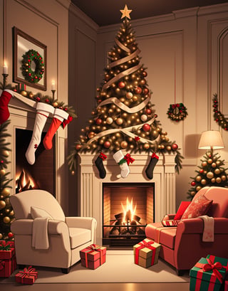 A beautifully decorated Christmas tree stands proudly in the corner of a cozy living room, its branches laden with ornaments, twinkling lights, and tinsel. The warm glow of the fireplace illuminates the scene, casting a magical spell over the room. A plush red sofa sits invitingly in front of the fire, while a stack of presents waits patiently beneath the tree. The overall atmosphere is one of festive cheer, warmth, and love, capturing the true essence of Christmas.