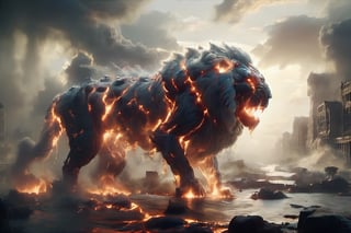 Cloud that looks like roaring lion with a tail stands over a ruined city, roaring in anger with a big open mouth. The sky is dark and stormy, and lightning flashes behind the monster. The buildings are broken and burning, and water floods the streets. The scene is terrifying and chaotic, and the people are fleeing in panic. ., ral-lava
