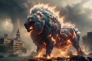 Cloud that looks like roaring lion stands over a ruined city, roaring in anger. The sky is dark and stormy, and lightning flashes behind the monster. The buildings are broken and burning, and water floods the streets. The scene is terrifying and chaotic, and the people are fleeing in panic. ., ral-lava