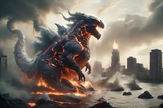Cloud that looks like godzilla with spikes on its back and a long tail stands over a ruined city, roaring in anger. The sky is dark and stormy, and lightning flashes behind the monster. The buildings are broken and burning, and water floods the streets. The scene is terrifying and chaotic, and the people are fleeing in panic. The creature is Godzilla, the king of the monsters, and he is here to destroy everything in his path., ral-lava