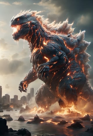 Cloud that looks like godzilla with spikes on its back and a long tail stands over a ruined city, roaring in anger. The sky is dark and stormy, and lightning flashes behind the monster. The buildings are broken and burning, and water floods the streets. The scene is terrifying and chaotic, and the people are fleeing in panic. The creature is Godzilla, the king of the monsters, and he is here to destroy everything in his path., ral-lava