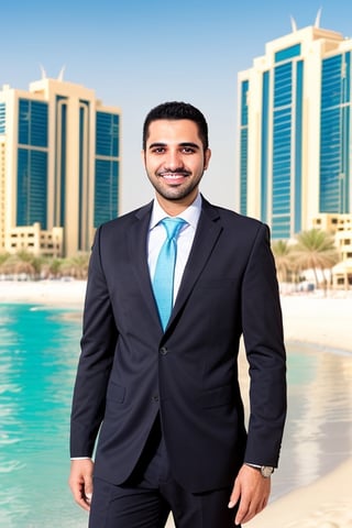 Front view of a corporate guy with beach_background_Dubai 