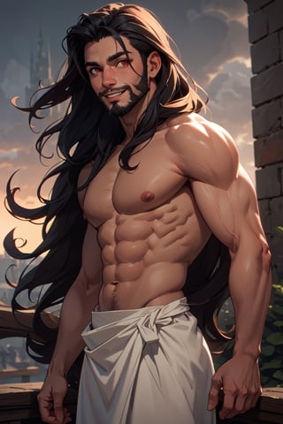 real,king , crown, atmospheric scene,  masterpiece,  best quality,  (detailed face,  detail skin texture,  ultra-detailed body),  (cinematic light:1.1),    ,  r0seb7rne-smf,  solo,  realistic,  long hair,  lips,  red eyes,  looking at viewer,  black hair,  upper boddy, castle background, evil smile,  long green and white dress,  big breasts, solo, realistic, long hair, smile, muscular_body, muscular, beard, nude, naked, 