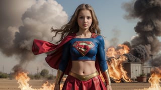 Cute 6-year-old girl wearing a supergirl outfit with a blue top, blue knickers, red Micro skirt, red boots, red cloak and long blonde hair blowing in the wind, Aqua eyes, ((flat chested)), Realistic, kid legs, Faces showing, Realistic, Loving, Looking towards the camera, Smal breast, Facing towards the camera. Supergirl hovering  just above the ground with flames are all around, wearing supergirl_cosplay_outfit