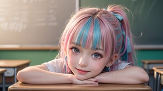 masterpiece, best quality, photorealistic, raw photo, cute tween child, beautiful young tween girl, reteen girls, realistic face, high-resolution, realistic style,8k, detailed face, perfect face, Smiling widely, 
colour contact lenses, perfect skin, looking at the viewer, bending down, bent over a school desk, earrings, hair ribbon, hair ornament, A mix of Pink and Blue hair with a ponytail,  Blunt bangs, bright colourful classroom, from front, little_cute_girl, 7yo, tween,