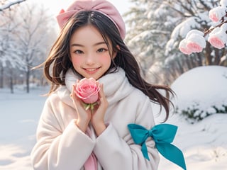 Winter style, snow falling, plum flowers blooming, A cute little girl wears pink and white fluffy coat and scarf, with a pink bow tied on her head. She smiled brightly and her eyes twinkled with kindness. She held a pink rose in her hand and smelled the fragrance. Under her feet is a lush green flower and grass, as if she is a part of nature. Her laughter in the breeze adds a touch of childlike innocence to this beautiful scene. Please give her some more background or context so we can add more details ,perfect split lighting,ZGirl,Nature, flowers blooming fantastic and dreamy light romantic lighting bokeh background ,snow_scene_background,1 girl