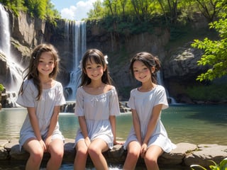 Three very young 6,7,10 year old girls playing together in a loving manner in a scenic garden with a waterfall. Tween girls, Various colours. Beautiful Eyes, Smiling, Austrianlian Origin.