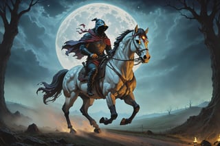 The headless horseman, tears through a moonlit landscape. This 4k ultra-high definition scene should be ultra-detailed and perfectly illuminated, ensuring every detail contributes to the eerie atmosphere. The story unfolds on a desolate road, the roar of a phantom engine fills the air. As the vehicle draws closer, the night is pierced by the sight of the headless horseman, guiding the infernal machine with spectral precision. His decapitated visage illuminated by the flickering glow of magic mushrooms, set amidst a dark and haunting backdrop. This prompt sets the stage for a suspenseful and thrilling story featuring the headless horseman and a mysterious vehicle, driven with an aura of horror.