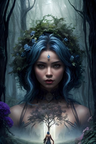 goddess dryad of the forest, beautiful face, strong expression, roots, concept art, rimlights, flowers overgrown, detailed flowing blue hair, Artgerm and Paul lewin and kehinde wiley, highly detailed digital painting, fantasy art, mystical, mesmerizing, fantastical, vibrant, majestic, mysterious, breathtaking, fantasy, fairytale, intricate, forest, flora, visually stunning, matte painting, concept art, 
