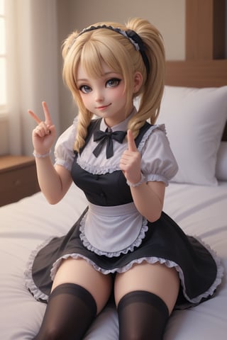 score_9, score_8_up, score_7_up, score_9, score_8_up, score_7_up,Masterpiece, highest quality,1girl, beautiful girl,young,Blonde hair, twin ponytails, maid uniform, CUTE, exquisite facial features, ((peace sign)), lying on the bed,stockings,blush,shyness,staring_at_viewer,full_body,