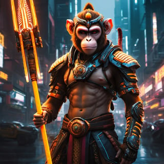 Futuristic Monkey King (cyberpunk:1.2) as a high-tech guardian of a neon-lit city. The Monkey King is decked out in futuristic armor and wields a staff crackling with energy. The scene is a fusion of ancient mythology and cutting-edge technology, with bold neon colors and a sense of cyberpunk coolness.