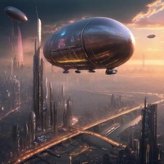 A surreal panorama unfolds as the cyberpunk skyline meets the blimps' embrace. The towering metropolis sprawls below, an abstract tapestry of steel and glass, bathed in the incandescent glow of holographic billboards. Blimps, like ethereal guardians, float above, trailing luminous contrails that weave through the city's arteries.