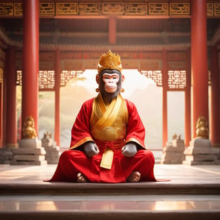 Classic Monkey King (traditional:1.2) in an ancient Chinese temple, meditating in serene tranquility. The Monkey King is portrayed in a timeless, traditional style, emphasizing his wisdom and inner strength. The scene is bathed in warm, soft lighting, creating an atmosphere of contemplation and serenity.