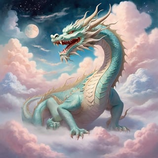 Ethereal giant asian dragon (impressionist:1.2) in a dreamlike, surreal landscape. The giant asian dragon is depicted in soft, dreamy brushstrokes, surrounded by floating clouds and mystical stars. The scene exudes an ethereal quality with pastel hues and a sense of otherworldly wonder.