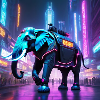 Futuristic Battle Elephant (cyberpunk:1.2) as a high-tech guardian of a neon-lit city. The Battle Elephant is decked out in futuristic armor and the tusks are crackling with dark energy. The scene is a fusion of ancient mythology and cutting-edge technology, with bold neon colors and a sense of cyberpunk coolness.