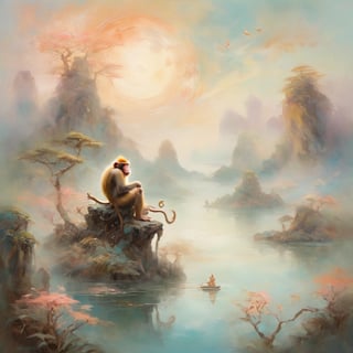Ethereal Monkey King (impressionist:1.2) in a dreamlike, surreal landscape. The Monkey King is depicted in soft, dreamy brushstrokes, surrounded by floating islands and mystical creatures. The scene exudes an ethereal quality with pastel hues and a sense of otherworldly wonder.