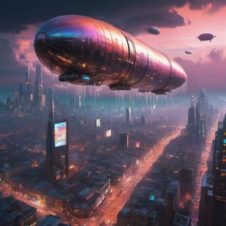 A surreal panorama unfolds as the cyberpunk skyline meets the blimps' embrace. The towering metropolis sprawls below, an abstract tapestry of steel and glass, bathed in the incandescent glow of holographic billboards. Blimps, like ethereal guardians, float above, trailing luminous contrails that weave through the city's arteries.