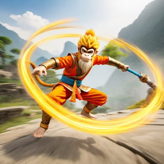Whirlwind Monkey King (action-packed:1.2) engaged in a high-speed battle against supernatural foes. The Monkey King is a blur of motion as he faces off against formidable adversaries. The scene is dynamic and fast-paced, with bold colors and a sense of frenetic energy