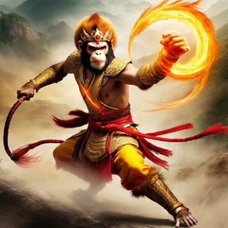 Whirlwind Monkey King (action-packed:1.2) engaged in a high-speed battle against supernatural foes. The Monkey King is a blur of motion as he faces off against formidable adversaries. The scene is dynamic and fast-paced, with bold colors and a sense of frenetic energy