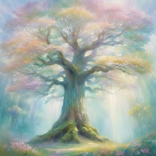 Ethereal forest giant tree (impressionist:1.2) in a dreamlike, surreal landscape. The giant tree is depicted in soft, dreamy brushstrokes, surrounded by floating leaves and mystical fairies. The scene exudes an ethereal quality with pastel hues and a sense of otherworldly wonder.