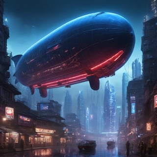 Amidst the neon-lit labyrinth of the cyberpunk skyline, colossal blimps hover like phantom whales in a city's dream. Radiant, multi-hued skyscrapers pierce the night with shards of electric blue and crimson, their glass facades reflecting cascades of glittering data. Blimps, like ancient airships reborn, cruise serenely, adorned with luminescent advertisements that dance in the smog-choked heavens.