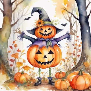 Whimsical halloween pumpkin scarecrow (watercolor:1.2) in a playful forest filled with mischievous creatures. The halloween pumpkin scarecrow wears a mischievous grin as he interacts with the whimsical denizens of the forest. The scene is rendered in vibrant watercolors, exuding a sense of whimsy and magic.