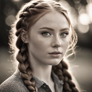 A black and white photograph, close up, beautiful young woman, detailed gorgeous face, freckled skin, pale skin, long hair, thick ginger fishtail braids, green eyes, ultra realistic, detailed and intricate, cinematic lighting, ultra detailed, sharp focus, 8k high definition, nice bokeh, Leica 35mm F2.8, dark tone, intricate details, highly detailed, black and white photograph, dimly lit, monochrome, platinotype