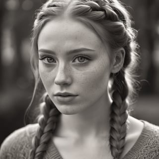 A black and white photograph, close up, beautiful young woman, detailed gorgeous face, freckled skin, pale skin, long hair, thick ginger fishtail braids, green eyes, ultra realistic, detailed and intricate, cinematic lighting, ultra detailed, sharp focus, 8k high definition, nice bokeh, Leica 35mm F2.8, dark tone, intricate details, highly detailed, black and white photograph, dimly lit, monochrome, platinotype