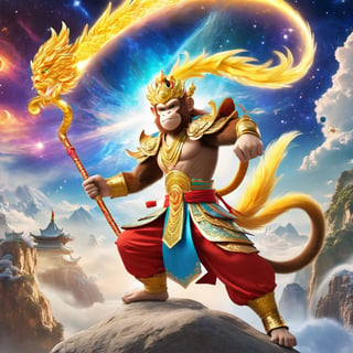 Mythic Monkey King (epic:1.2) in a grand, epic battle against ancient dragons in a celestial realm. The Monkey King is a powerful figure, surrounded by cosmic energies and celestial beings. The scene is epic in scale, with vibrant cosmic colors and a sense of celestial grandeur.