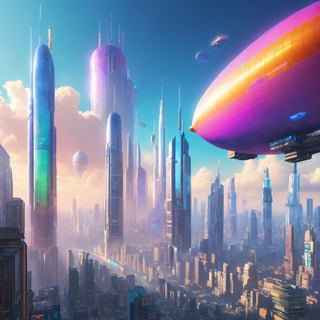 In this dystopian dreamscape, the cyberpunk skyline reigns supreme. Skyscrapers soar towards the heavens, their windows aglow with a kaleidoscope of colors. Blimps, colossal and serene, traverse the sky, casting eerie shadows on the teeming streets below, where augmented reality billboards flicker with seductive promises.