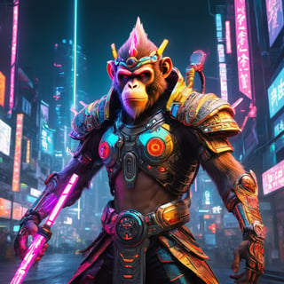 Futuristic Monkey King (cyberpunk:1.2) as a high-tech guardian of a neon-lit city. The Monkey King is decked out in futuristic armor and wields a staff crackling with energy. The scene is a fusion of ancient mythology and cutting-edge technology, with bold neon colors and a sense of cyberpunk coolness.