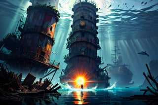 (stunning masterpiece: 1.3), ((12k HDR)), ((under water)), A photo of a marine scientist diver studying remains of a ship, the keel is sunk to the bottom, the ship is split in half, Creatures of Deep waters that inhabit the area, adding to the ominous atmosphere, Lurk in the shadows, Inside and outside the twisted metal wreckage. The colors of the place are muted and gloomy, with rusty metal and rotting wood creating a sense of decay and neglect. Although the surface of the water is calm, ((sun rays)), ((Brilliant diamond splatter)), swirl of air bubbles, sharp focus, intricate detail, high detail, digital art, bright beautiful splatter, sparkling, stunning digital art, interspersed with vibrant colors and surreal fantasy lighting, super detail, digital photography, 8k, sharp focus, ,no_humans