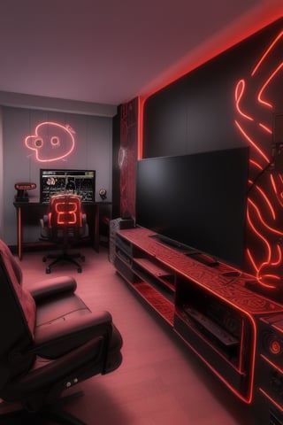 A gaming lofi studio room, walls are black and red patterns. Led lights in the room, black and red gaming chair, with 3 motors with a expensive PC, NIce dercorations, a neon sign that says TV and is glowing red. The time is night. Ultra deltaied, cinematic ligthing, great quality 