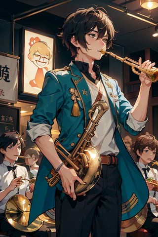 A Brass player boy that loves to eat chicken. holding a trumpet. short hair.
,cartoon ,Fionnawaifu