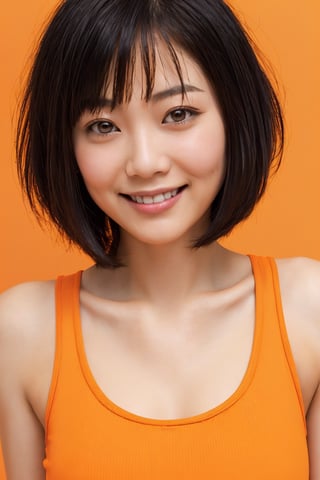 asian woman, bob cut, close-up, light smile, (orange tank top), (orange background)