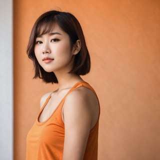 nikon RAW photo, portrait of asian woman, bob cut, brown hair, close-up, (orange tank top), curvy, (orange background)