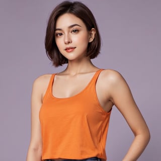 (xxmix girl woman), portrait of a woman, bob cut, brown hair, close-up, (orange tank top), curvy, armpits, (orange background)