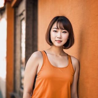 nikon RAW photo, portrait of asian woman, bob cut, brown hair, close-up, (orange tank top), curvy, (orange background)