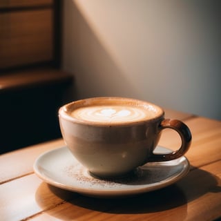raw photo of cup of coffee in a japanese ceramic cup with latte art in a beautiful aesthetic cafe on a black wooden table, morning lighting and cozy vibes, depth of field