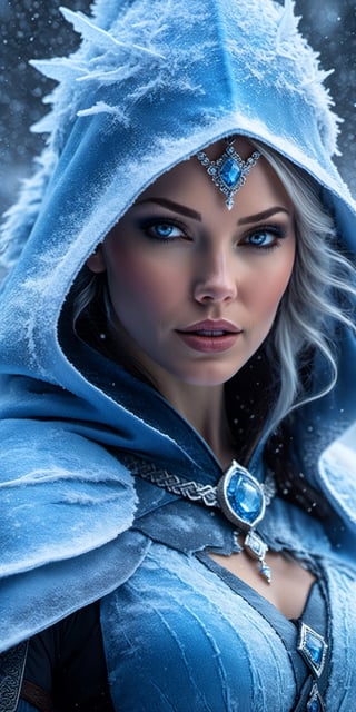 A close up portrait of a beautiful deadly blue ice female mage casting a spell, slim body, dark theme, soothing tones, muted colors, high contrast, (natural skin texture, hyperrealism, soft light, sharp), (freckles:0.6), (acne:0.4), wearing an ultra detailed texture blue mage cloth, Fimbulvetr, snowstorm, freezing, icicle, cold, windy, Canon EOS 5D Mark III, 85mm




