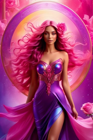 (Recycled Vector image:1.3) of (Screen print:1.3) of ((An enchanting goddess with flowing hair, a magic mirror, and a rose aura. Romantic pinks, enchanting purples, and rose accents. Alluring and romantic.:1.3)), Volumetric Lighting, Volumetric Light, Volumetric, Natural Lighting, absurdres, high resolution, (8k resolution), 8k, 8kres, 8k res, high details, detailed and intricate, intricate details, high intricate details, absurd amount of details, super resolution, ultra hd, megapixel, Deep Focus, Hip Level Shot, Quarter Turn Camera Staging, From Front, From Side, "Frontal Full Body Pose, Highlights the overall body shape and symmetry", "Futuristic, Sci-fi, Sleek, Cutting-edge",,(by Artist Frank Bowling:1.3),(by Artist Georgy Kurasov:1.3),(by Artist Bastien Lecouffe Deharme:1.3),(Flat style:1.3),Illustration,Behance,(Post-Impressionism:1.3),(close portrait:1.3),thematic background
