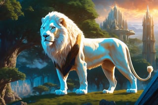 celestial colossal giant white lion, looms ominously over a elven city attacking it, very beautil, fantasy magic, detailed, breathtaking beautiful, intricate, 8k, highly detailed, digital painting, octane, ultra high detail, concept art, masterpice 