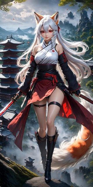 ((solo), (Anime kitsune girl with long white hair gathered in a ponytail), (Fox girl holding a katana), 9 tails, (red eyes), White-haired deity, Remove clothes from body, Show breasts, Show boobs, Her genitals, Legs spread wide apart, Female genitalia, pubic area close up, (Detailed image between legs), Crotch wide open, legs spread wide open, High quality, ((Highest detail)), ((Forest village in background)), ( masterpiece), Photorealism, 8K, High detail, Dramatic lighting, 1 girl, Mid-jump, flying from above, Bottom view, katana in hand, Stern look, Motion dynamics, Jumping ponytails and hair.

