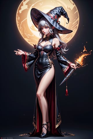 professional full body shot photo of rinna mayfield, witch hat, china dress, side slit, detached sleeves, frilled sleeves, scrunchie, elf ears, detailed skin, detailed eyes, finely detailed hair, volumetric light, highrez, masterpiece, best quality, 
