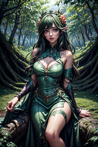 (8k, RAW photo, best quality, masterpiece:1.2), (realistic, photo-realistic), octane render, ultra-detailed, professional lighting, photon mapping, radiosity, physically-based rendering, ue5, 1girl, A half portrait of a beautiful Dryad bombshell, gorgeous face, (detailed facial features), green eyes, long green hair, Queen of the Forest, (ultra detailed texture dress (made from tree leaves and flowers)), ((tree roots and leaves around body)), makeup, green lipstick, mascara, eyeliner, fake eyelashes, dense forest, leaves flowers, fantasy, sexy, intricate, flowing, elegant, ((chaos of tree roots and leaves around)), ((raytracing)), Slavic, Lovecraftian, eerie, tragic, mysterious, enticing, eternal, druid magic, cursed, trees attacking viewer, roots attacking viewer,  
