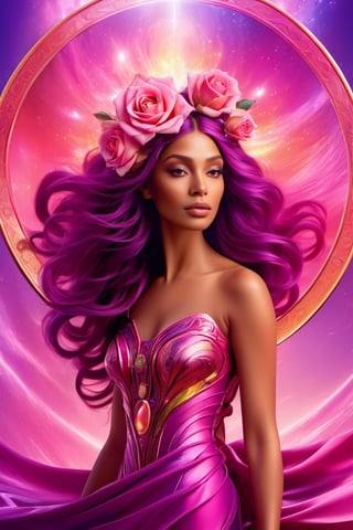 (Recycled Vector image:1.3) of (Screen print:1.3) of ((An enchanting goddess with flowing hair, a magic mirror, and a rose aura. Romantic pinks, enchanting purples, and rose accents. Alluring and romantic.:1.3)), Volumetric Lighting, Volumetric Light, Volumetric, Natural Lighting, absurdres, high resolution, (8k resolution), 8k, 8kres, 8k res, high details, detailed and intricate, intricate details, high intricate details, absurd amount of details, super resolution, ultra hd, megapixel, Deep Focus, Hip Level Shot, Quarter Turn Camera Staging, From Front, From Side, "Frontal Full Body Pose, Highlights the overall body shape and symmetry", "Futuristic, Sci-fi, Sleek, Cutting-edge",,(by Artist Frank Bowling:1.3),(by Artist Georgy Kurasov:1.3),(by Artist Bastien Lecouffe Deharme:1.3),(Flat style:1.3),Illustration,Behance,(Post-Impressionism:1.3),(close portrait:1.3),thematic background
