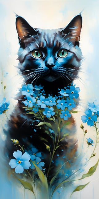 beautiful painting of a cat and a forget-me-not flower, in styles of Samantha Keely Smith and Ryan Hewett, creatures, digital, dream-like, ethereal, fantasy, magic-realism, mysterious, surreal, Expressionism, contemporary, Dream-like, Loneliness

